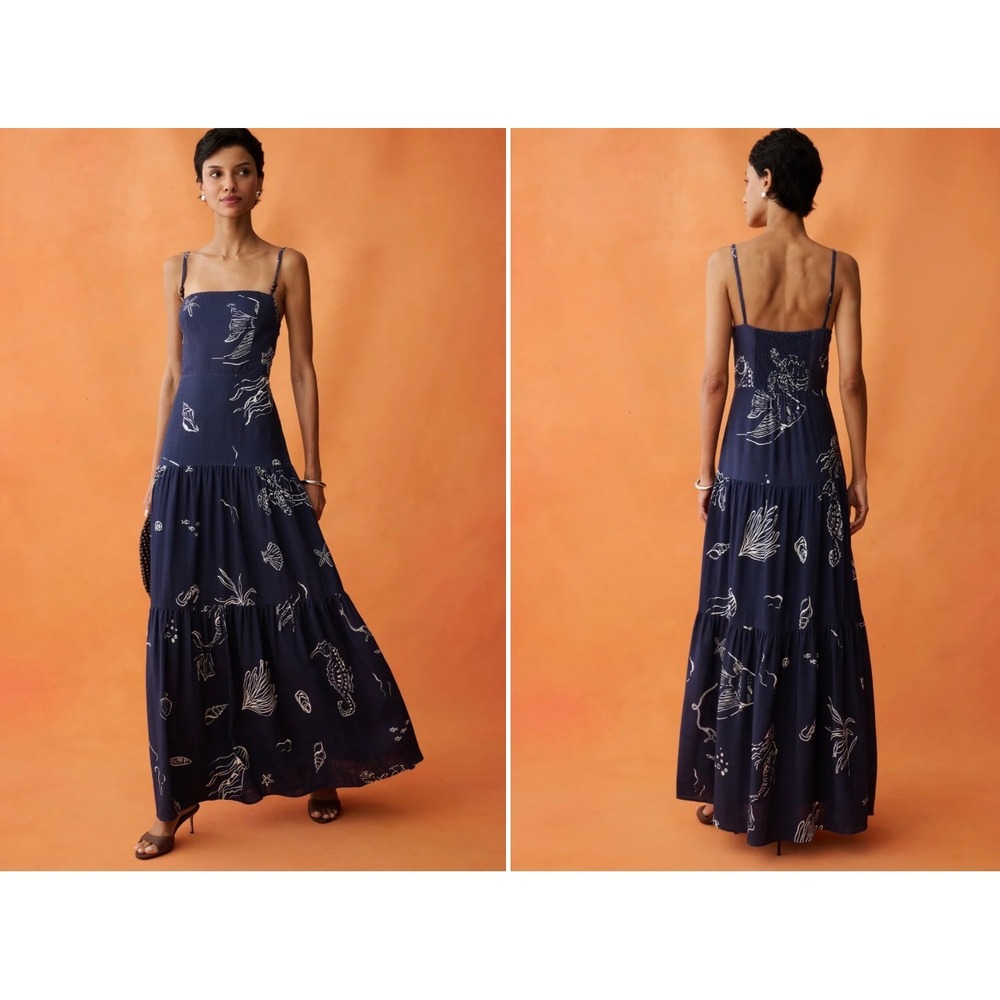 Few Moda ANAYA Zali Navy Blue Nautical Sea Life Print Tiered Maxi Dress Size 6